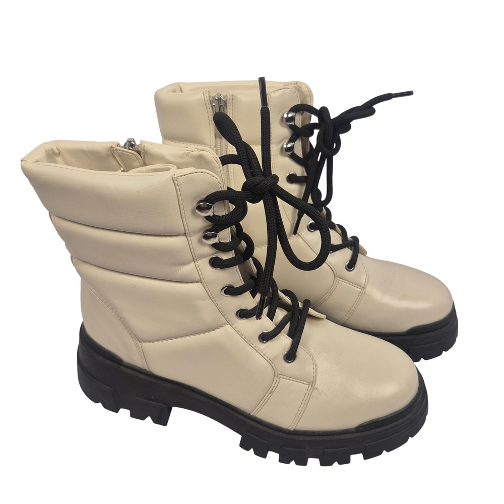 Marc Fisher Cream Combat Boots Womens 9 Lug Sole Lace Up Zip Ankle Boots